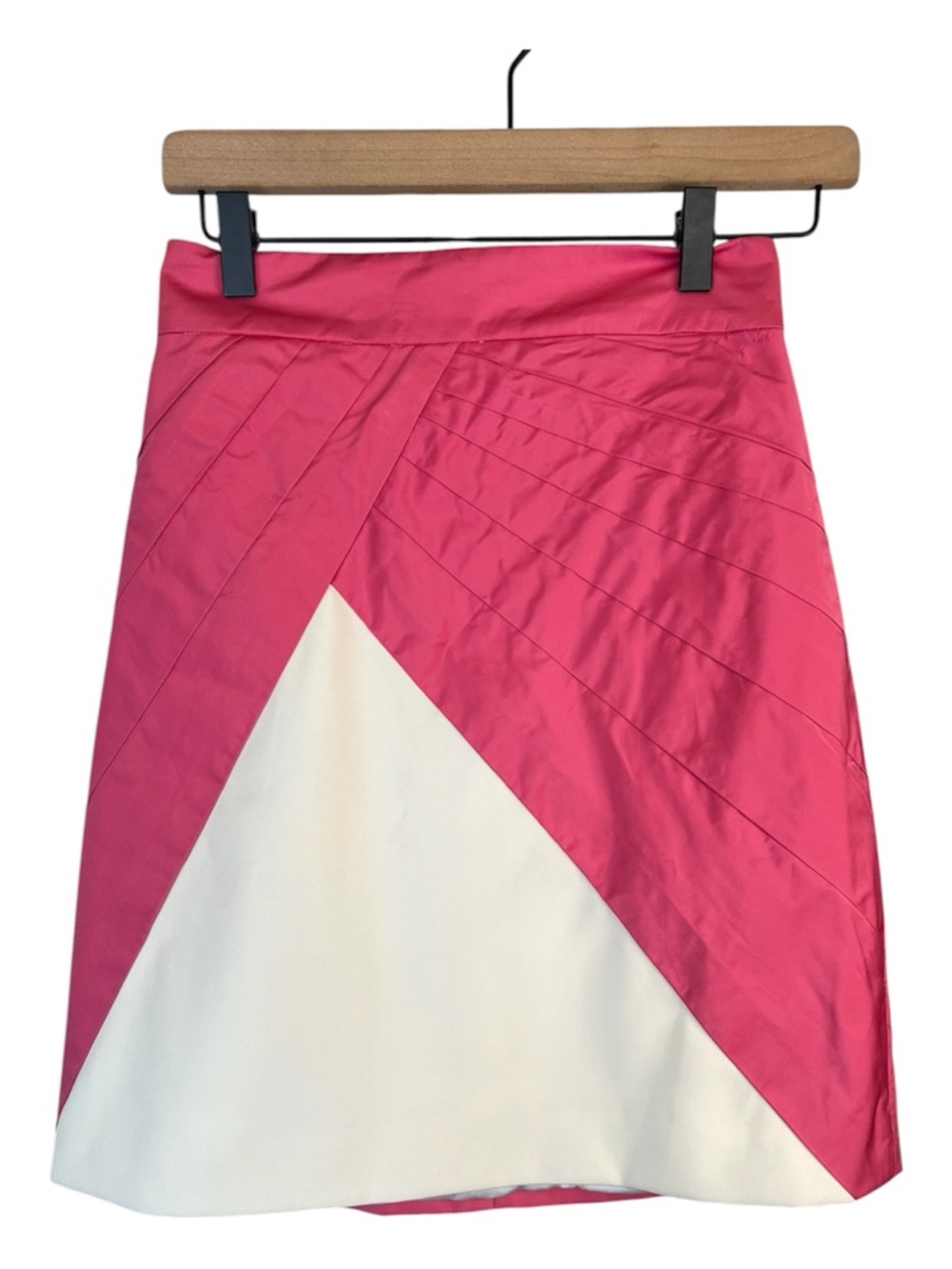 Patricia Fumo Colorblock Satin Pleated Pink & White Lined Mini Pencil Skirt